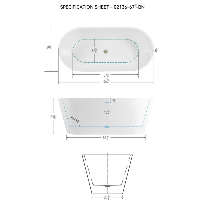Freestanding Bathtub, Modern & Contemporary Design Soaking Tub With Brushed Nickel Pop-Up Drain And Minimalist Design Overflow
