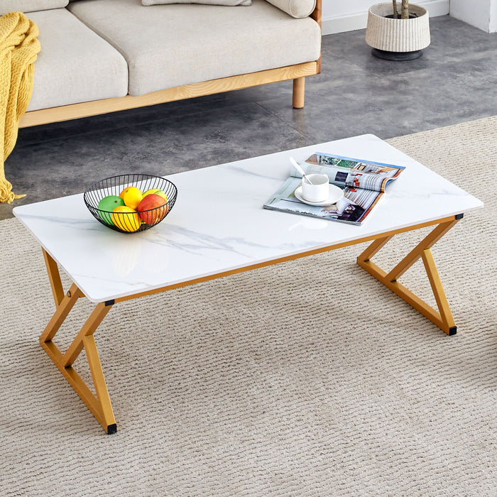 Modern Marble Pattern Coffee Table With Metal Legs, Sintered Stone Surface - White / Gold
