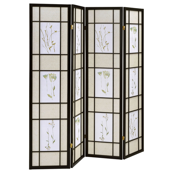 4 Panel Folding Screen With Floral Motif - Black