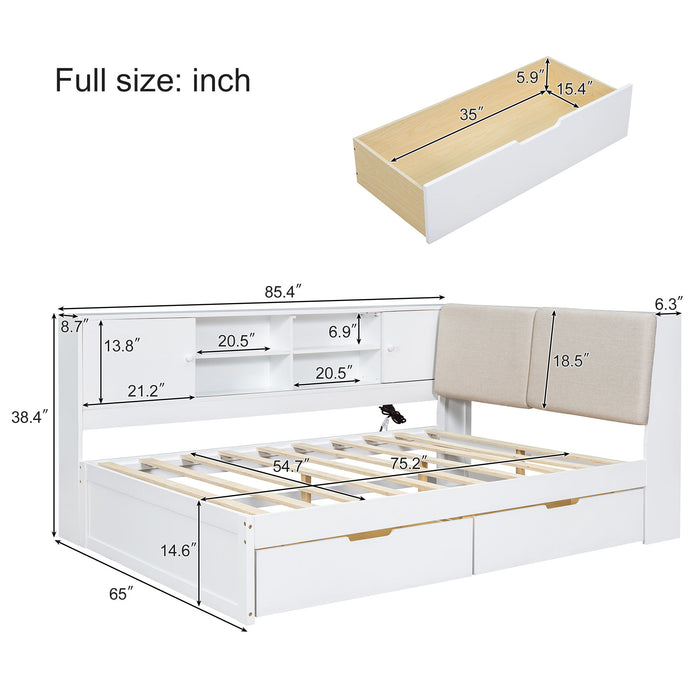 L-Shaped Daybed Corner Bed Under Bed Drawers With Storage Bookcase And Upholstered Headboard And USB Charging Ports