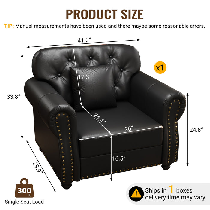 Sofa With Nailhead Trim And Rolled Armrests, Includes 1 Pillow - Black