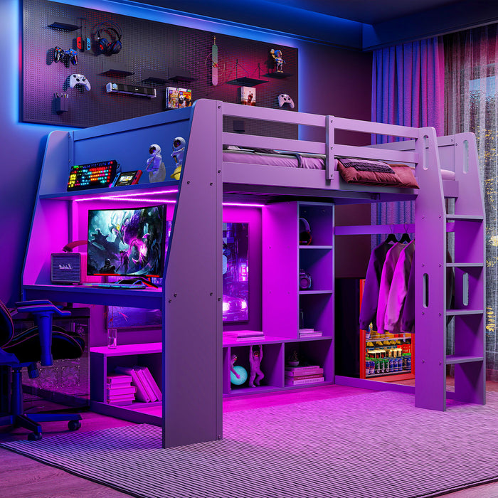 Full Size Gaming Loft Bed With Desk, Multi Storage Shelves, LED Lighting, And Hanging Clothes Rack - Gray