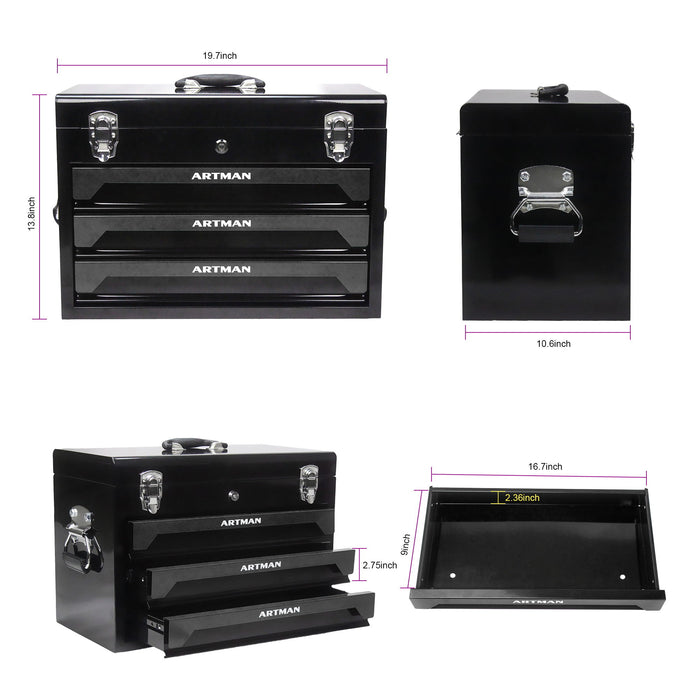 Portable 3 Drawer Steel Toolbox, 4 Layers Of Tools With Metal Latches, With Storage Tray And Carrying Handle