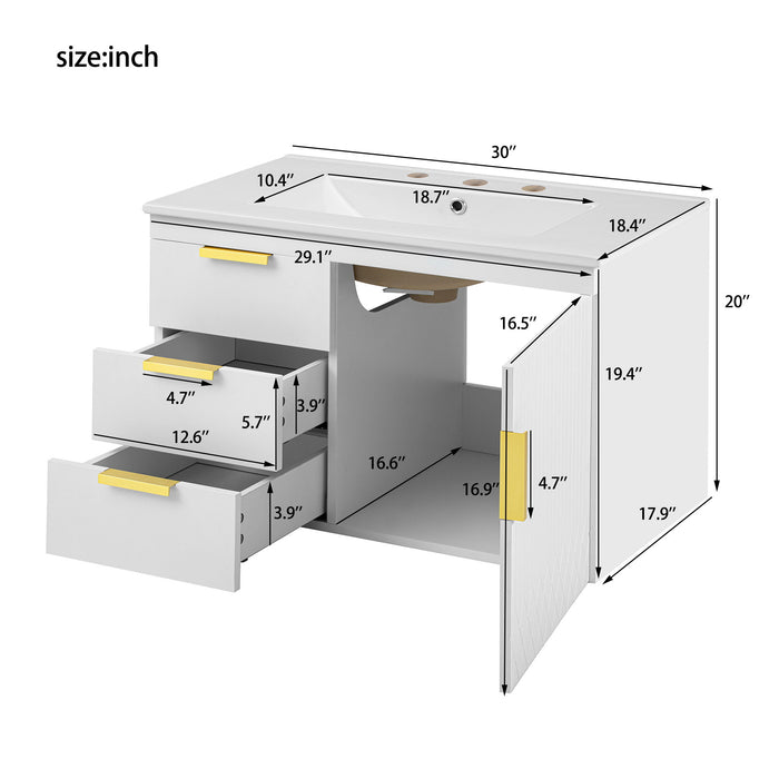 Wall Mounted Bathroom Cabinet With Side Cabinet Combo With Soft-Closing Doors And Drawers, Ceramic Sink
