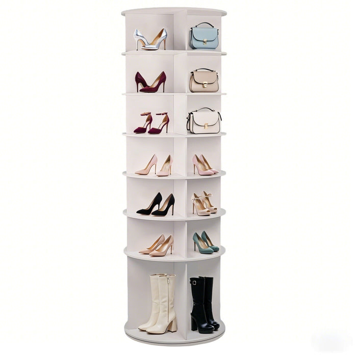 7 Tier Rotating Shoe Rack With High Base Design, Freestanding 360° Organizer For 28 Pairs - White