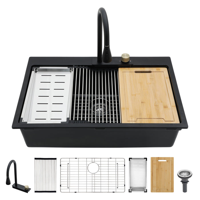 Waterfall Kitchen Sink With Pull Out Faucet & Cup Washer