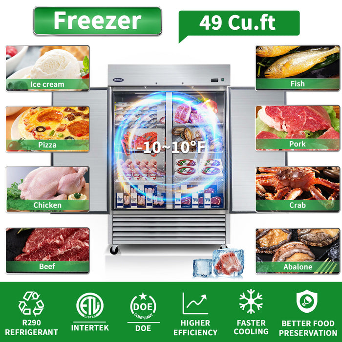 54" Commercial Freezer 49 Cu.Ft With 2 Solid Door Reach-In Freezers Stainless Steel Etl Approved Upright Freeze Storage - Silver