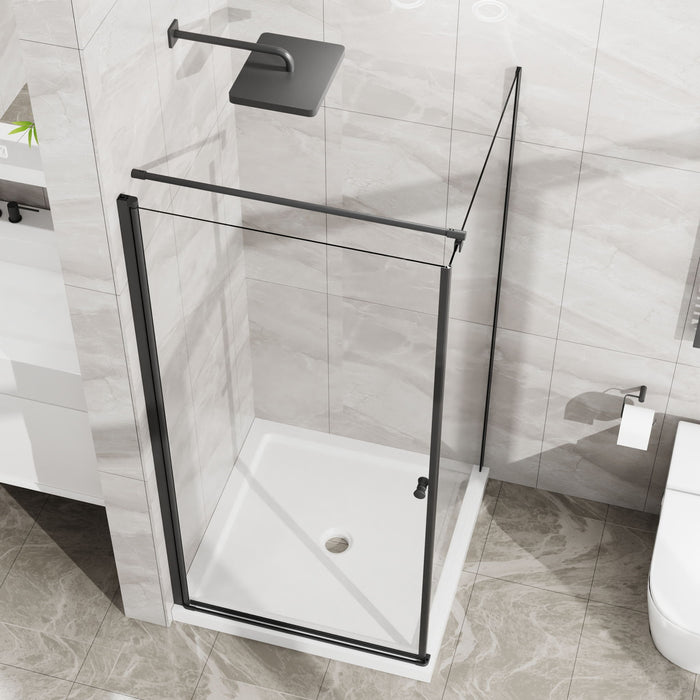 Corner Shower Enclosure, Frameless Pivot Door - Matte Black
