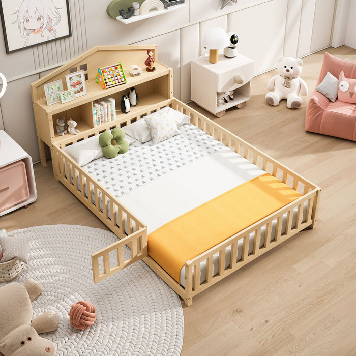 Full Size Montessori Floor Bed With Bookcases And boards, Solid Wood Platform Bed With Guard Rails And Storage Headboards - Natural