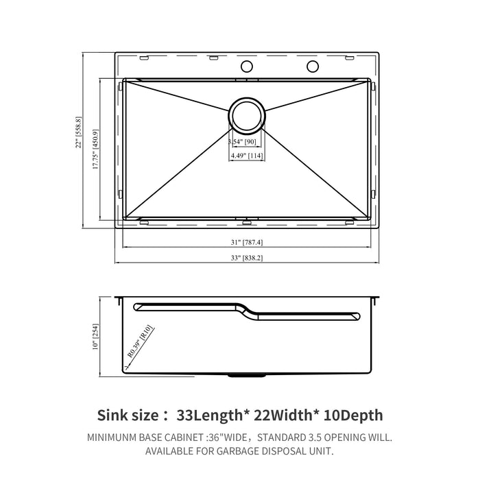 33" Drop In Kitchen Sink With Ledge Workstation, Single Bowl, 16 Gauge Stainless Steel - Black / Gray