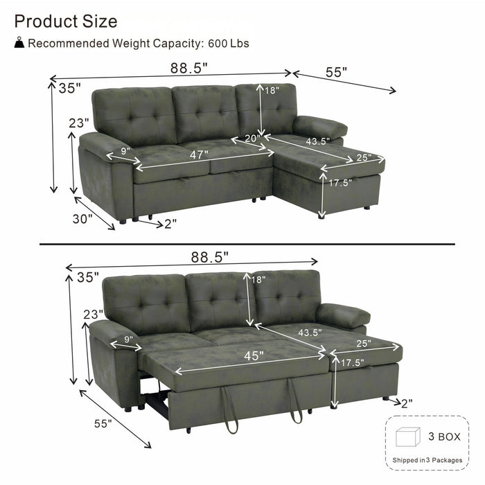 Convertible L - Sectional Sofa Bed With Storage Chaise And Padded Armrests