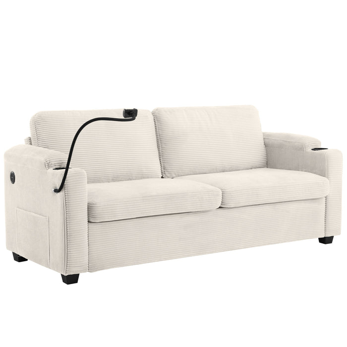 Corduroy Sleeper Sofa Loveseat Sofa With Full Size Mattress, 2 USB Ports, 2 Cup Holders, 2 Side Pockets And Phone Holder