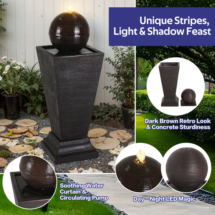 35.5" Tall Column Fountain With LED Lights, Retro Outdoor Decor, Weather Resistant Feature - Dark Brown