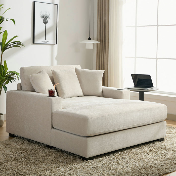 Oversized Chaise Lounger Modern Style Sofa Couch, With Pillows, Charge Station & Cup Holders