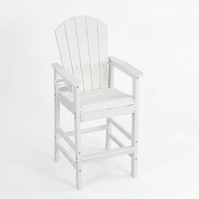 Outdoor Bar Height Adirondack Patio Chair With Cup Holder And Armrests All Weather UV Resistant - White