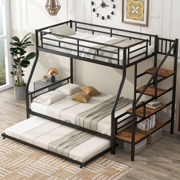 Twin Over Full Size Metal Bunk Bed With Trundle And Storage Staircase - Black