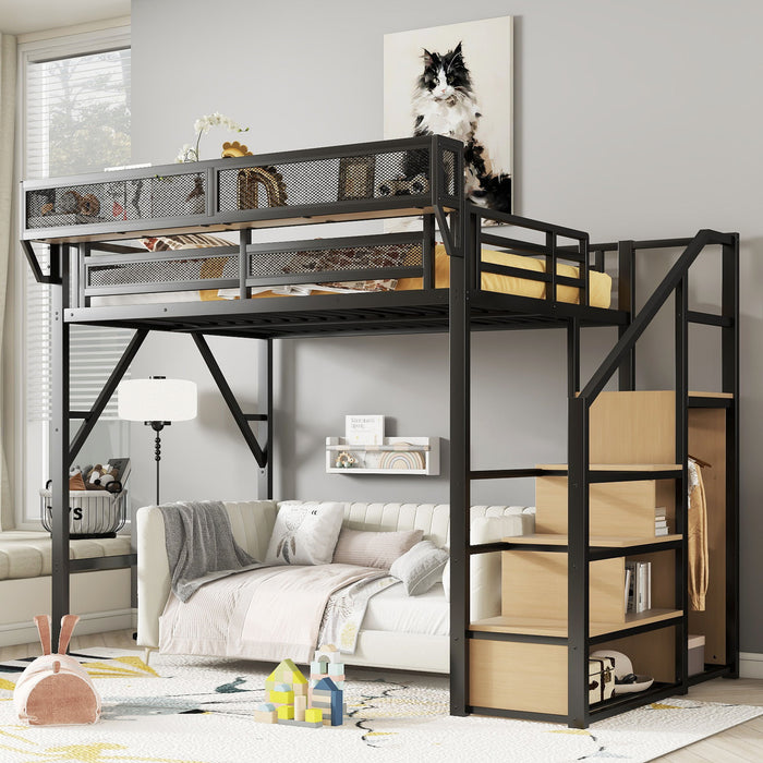 Full Size Loft Bed With Stairs With Storage Shelves With Wardrobe - Black