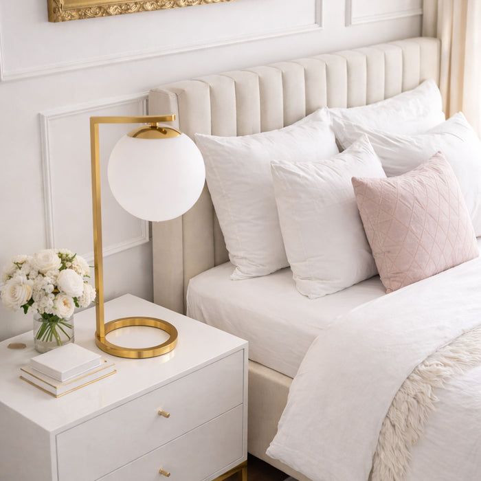 Globe Table Lamp Opal With Dimmer Switch Inline - Gold / White