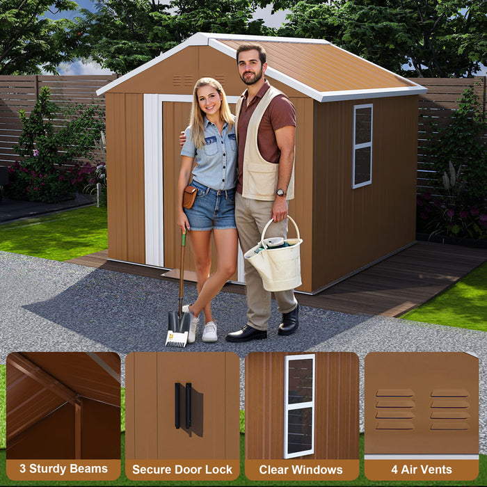 Heavy Duty Storage Shed With Windows, Lockable Door & Ventilation, Weatherproof Outdoor Garden Shed For Backyard - Brown