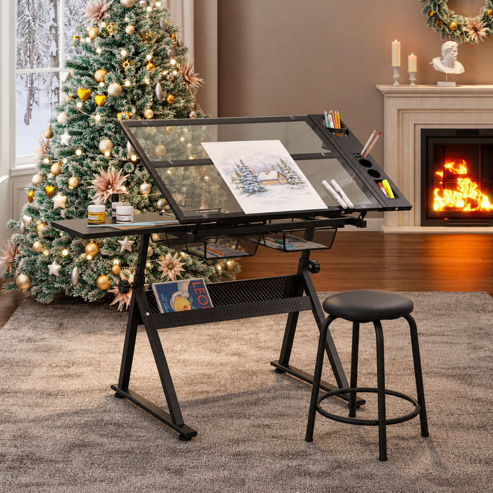 Adjustable Tempered Glass Drafting Printing Table With Chair