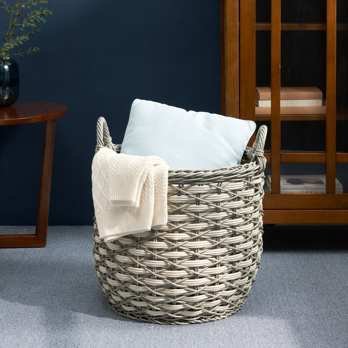 Round Resin Woven Wicker Multi Use Storage Basket With Handles - Cream / Gray