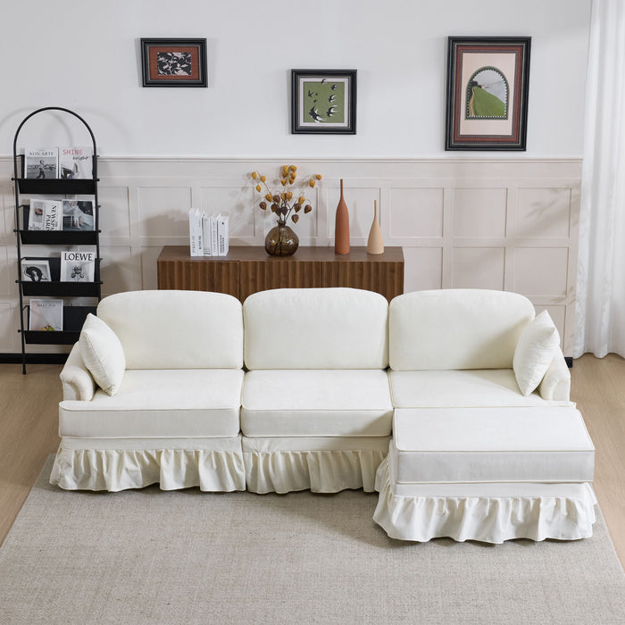 L-Shaped Sectional Sofa With Removable Ruffled Skirt, Flared Arms, Ottoman - White