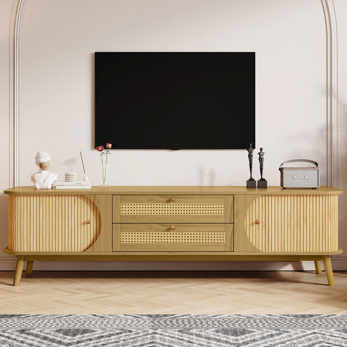 Rattan TV Stand For Tvs Up To 75'', Modern Farmhouse Media Console, Entertainment Center With Legs, TV Cabinet For Living Room, Home Theatre - Natural Wood