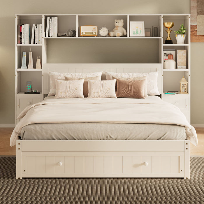 Platform Bed With All In One 2 Nightstand, Storage Shelf And Cabinet Bookcase With 2 Charging Stations