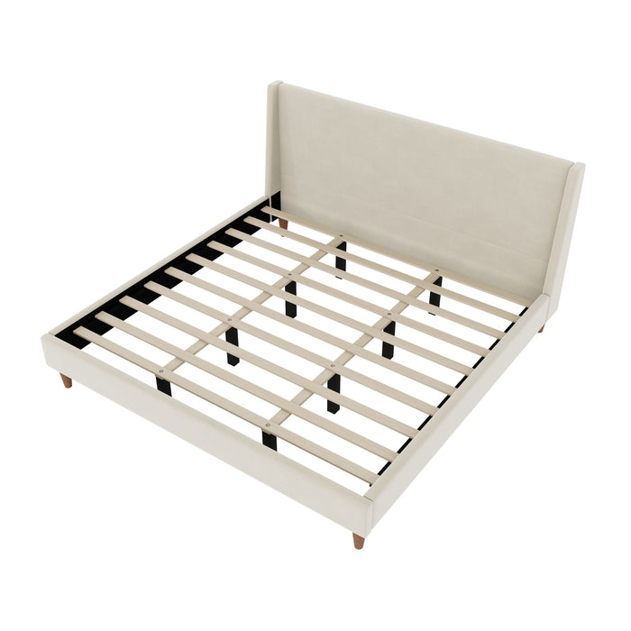 Modern Velvet Upholstered Platform Bed With Wingback Headboard