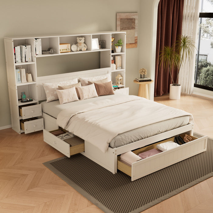 Platform Bed With All In One 2 Nightstand, Storage Shelf And Cabinet Bookcase With 2 Charging Stations