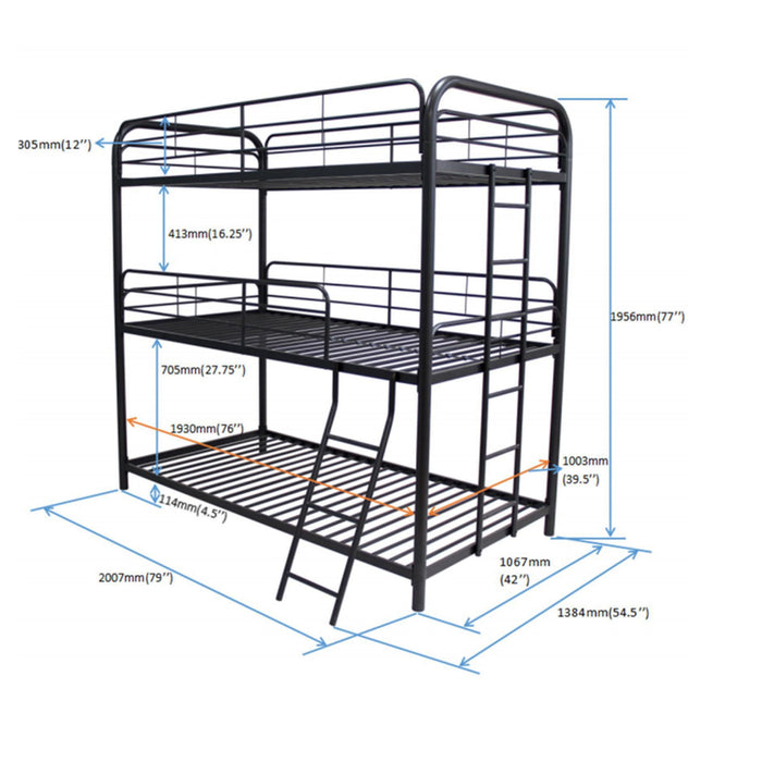 Modern Triple Bunk Bed, Twin / Twin / Twin, Durable Metal Frame - Black