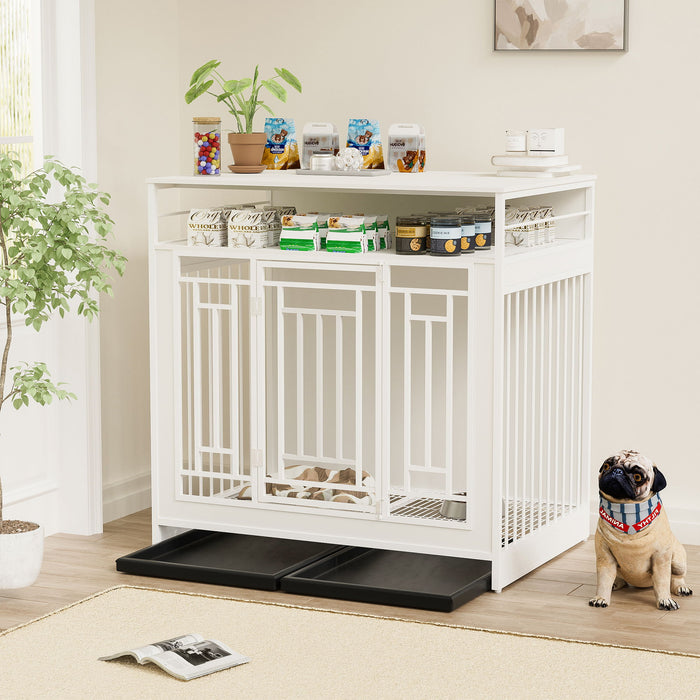Wooden Dog Crate Furniture With Divider And Storage - White