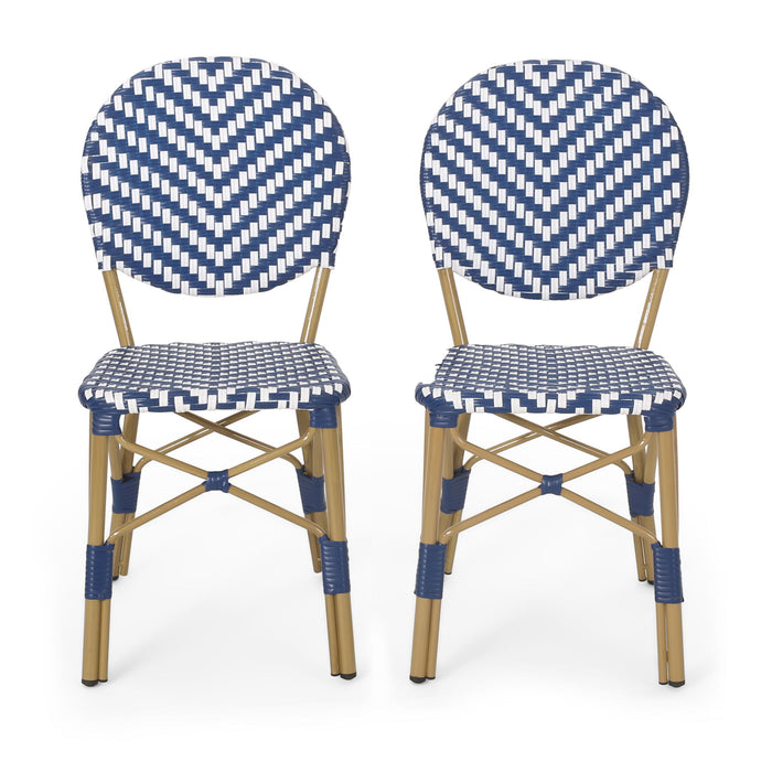 Outdoor Rattan And Aluminum French Armless Bistro Chairs Set - Navy Blue