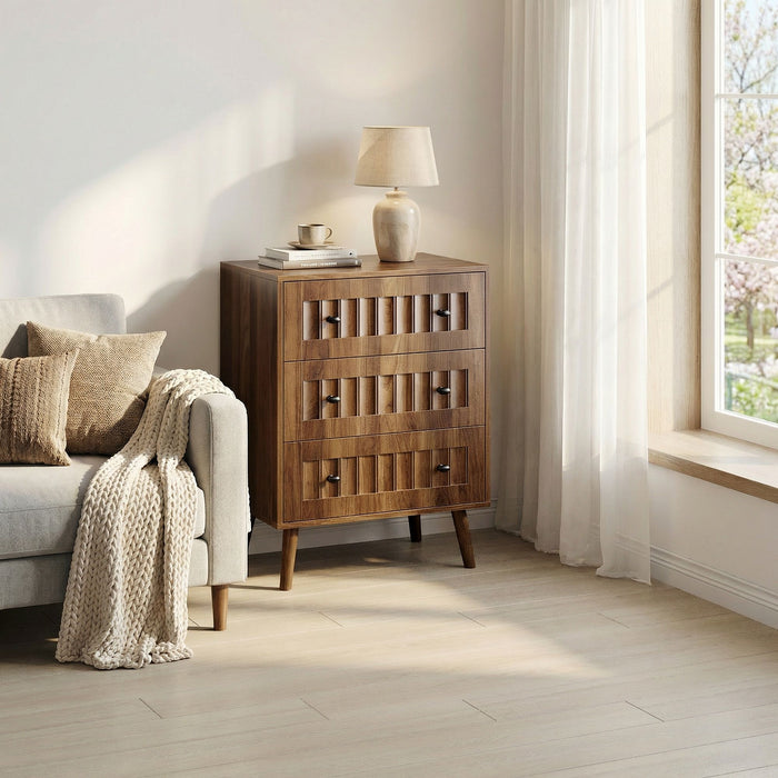 3 Drawer Dresser, Storage Cabinet With Vertical Grooves For Bedroom - Walnut