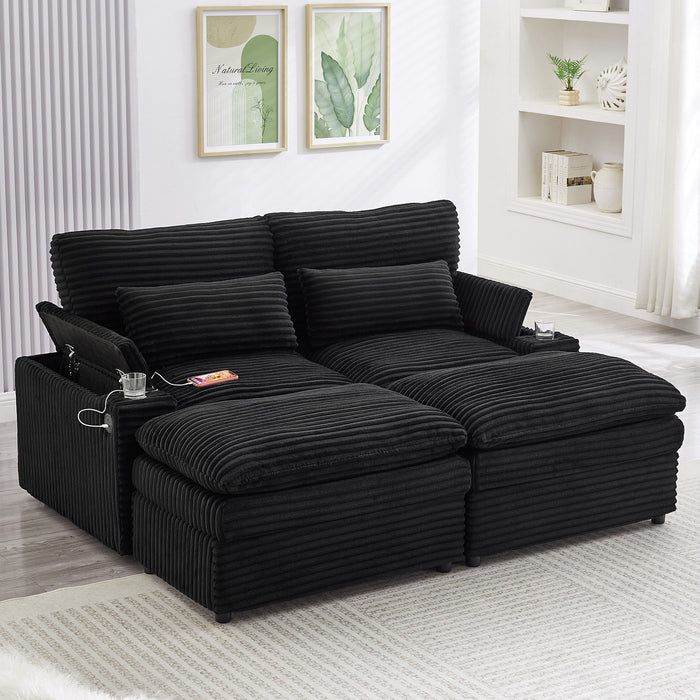Convertible Loveseat Sofa With Storage, USB Ports, Cup Holders - Black