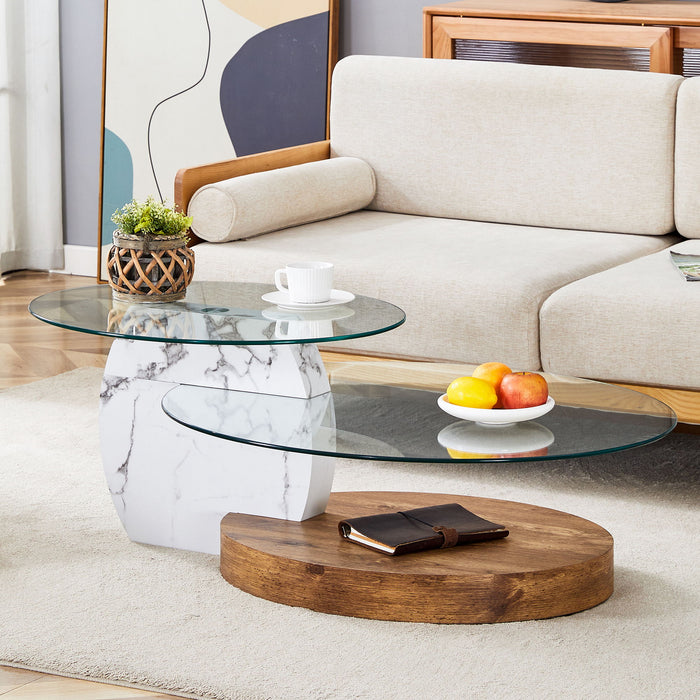 Contemporary Artistic Double Layer Coffee Table Marble And Wood Grain Collision - Transparent / White