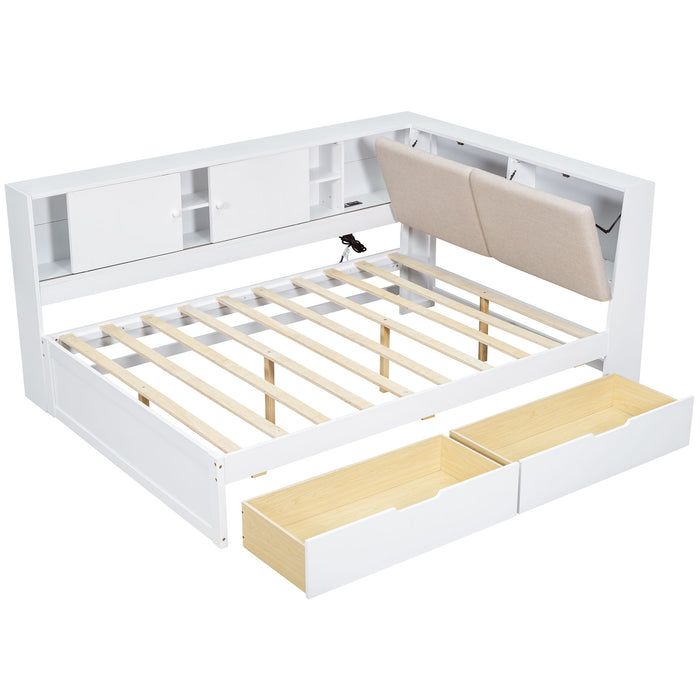 L-Shaped Daybed Corner Bed Under Bed Drawers With Storage Bookcase And Upholstered Headboard And USB Charging Ports