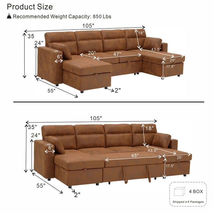 Convertible Sectional Sofa With Storage Chaise, Cup Holders And Pull Out Sleeper