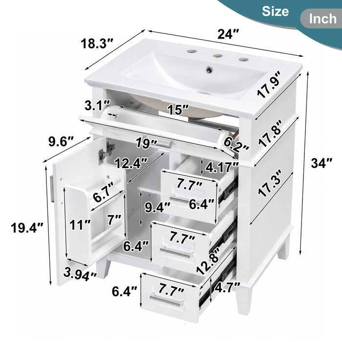 Modern Bathroom Vanity With Sink, Flip Drawer & 3 Drawers, Soft Close Hinges, Adjustable Shelf