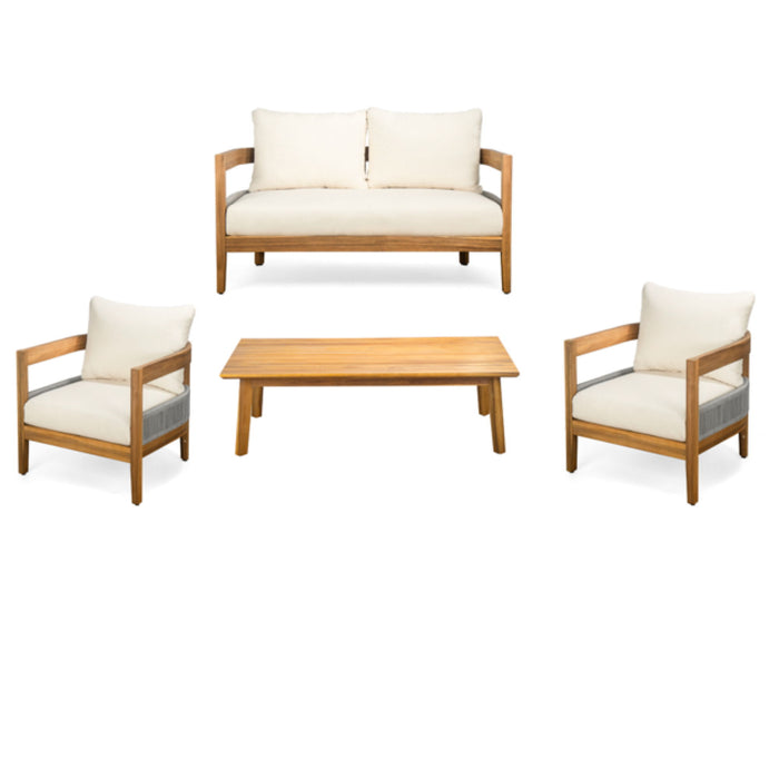 Porto - Outdoor 4 Piece Chat Set, Comfortable Seating, Acacia Wood And Rope, Compact Dimensions - Teak / Beige