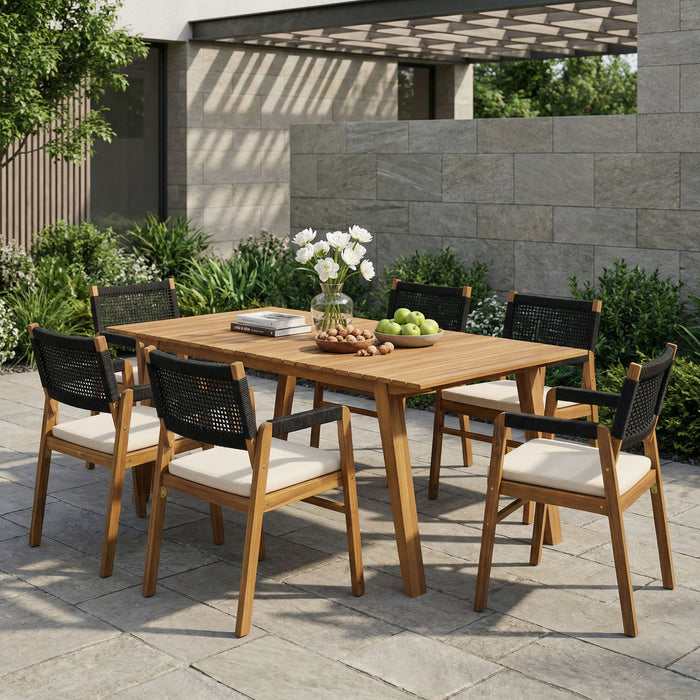 Outdoor 7 Pieces Patio Slat Design Acacia Upholstered Dining Set