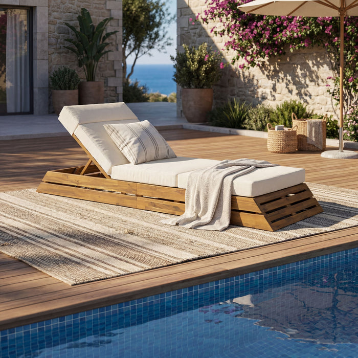 Chaise Lounge Set With 4 Fold Cushion And Built In Headrest, 3 Position Adjustable Backrest, For Patio - Beige / Teak