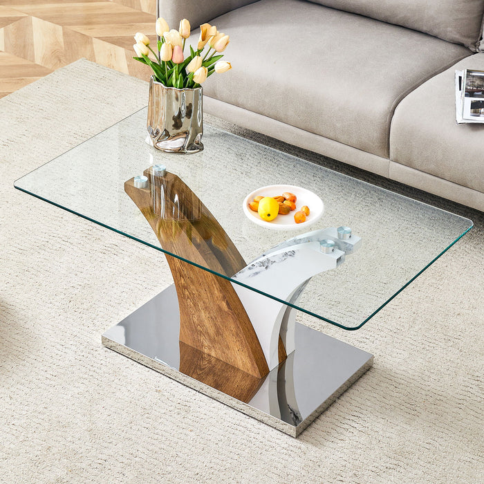 Modern Rectangular Coffee Table With Tempered Glass Top And Artistic Legs - White / Wood