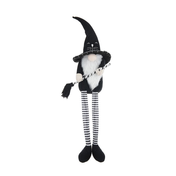 Sitting Gnome With Broomstick & Long Legs, For Halloween Decor - Black White