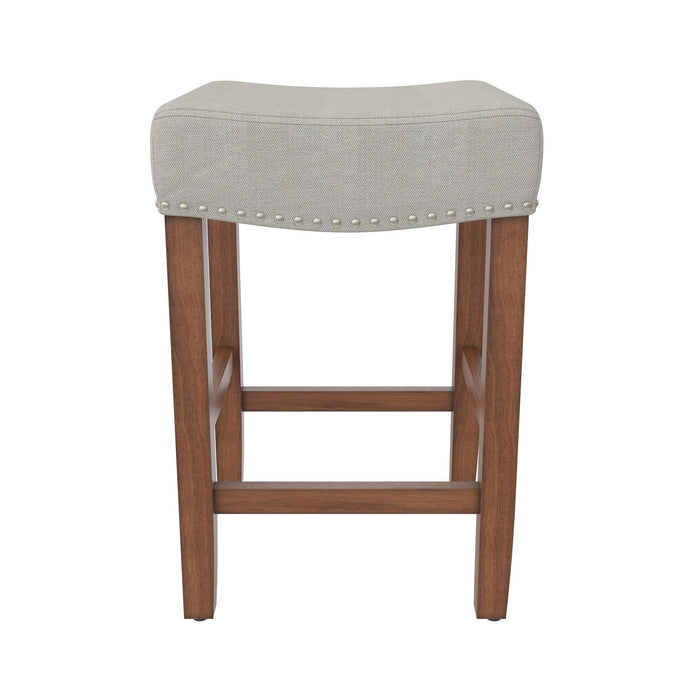 Upholstered Counter Height Bar Stool With Brass Nailhead Trim - Beige / Brown