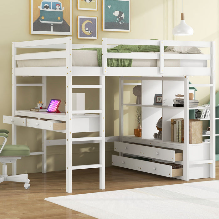 Full Size Loft Bed With Built In Desk, 2 Drawers, Storage Shelves - White