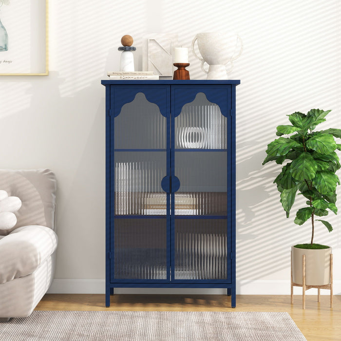 2 Doors Metal Storage Cabinet Display Cabinet With Glass Doors Metal Kitchen Sideboard Buffet Cabinet Glass Storage Cabinet For Dining Room Living Room Bedroom - Dark Blue