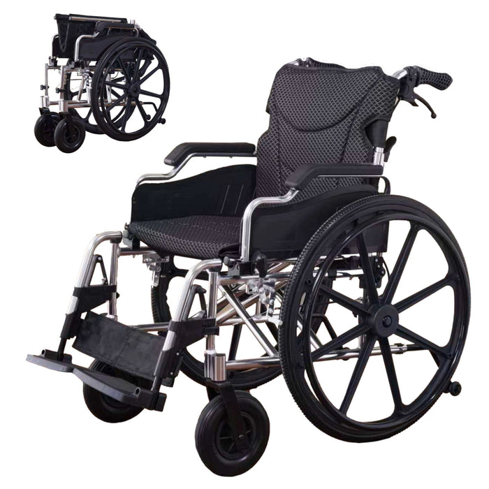 Heavy Duty Foldable Manual Wheelchair Double X Force Support With Adjustable Seat Belt Breathable Cushion & Anti Backflip Design 24" Tires For All Terrains 350 Lbs Capacity - Black / Silver