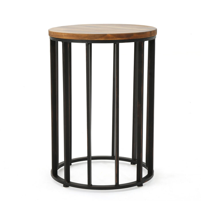 Outdoor Cylindrical Side Table With Round Solid Wood Top And Metal Frame - Natural