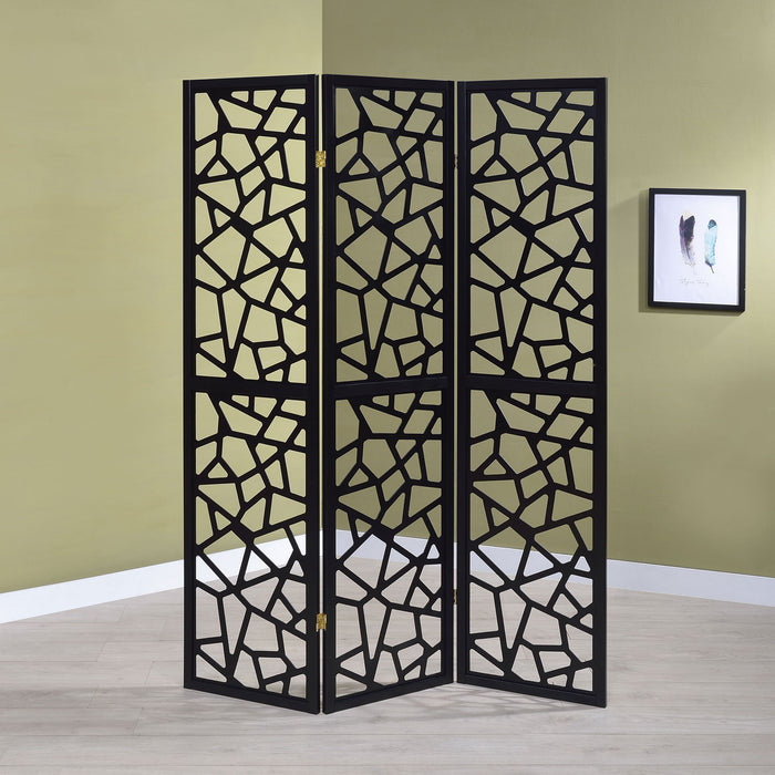3 Panel Folding Screen With Mosaic Cutout Design - Black